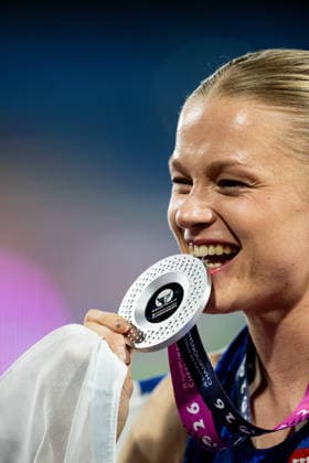 260813 Wilma Heltelä of Finland celebrates after women™s pole vault final during day 4 of the 2026 European Athletics Championships on August 13, 2026 in Birmingham. Photo: Mathias Bergeld BILDBYRAN kod MB MT1068 friidrott athletics friidrett friidrotts-em em friidretts-em 2026 european athletics championships 4 bbeng Copyright: MATHIASxBERGELD BB260813MB181