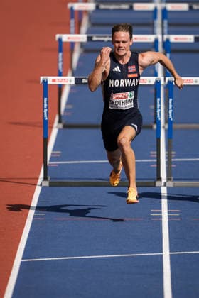 2026 European Athletics Outdoor Championships, Day 4, Birmingham, England, August 13, 2026: Sander Aae Skotheim in the men’s 110-meter hurdles event during the 2026 European Athletics Championships at Alexander Stadium in Birmingham on Thursday. Photo: Beate Oma Dahle, NTB, Birmingham, England. EDITORIAL USE ONLY. RESTRICTED USE FOR BETTING COMPANIES.  Copyright: xBeatexOmaxDahlex xNTBx
