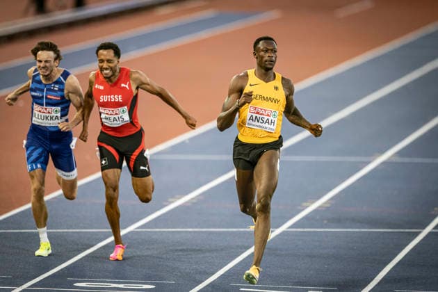 RECORD DATE NOT STATED 13th August 2026; Alexander Stadium, Birmingham, Midlands, England; 2026 European Athletics Championships, Day Four; Owen Ansah (GER) wins the semi final in the mens 200m GodfreyxPitt
