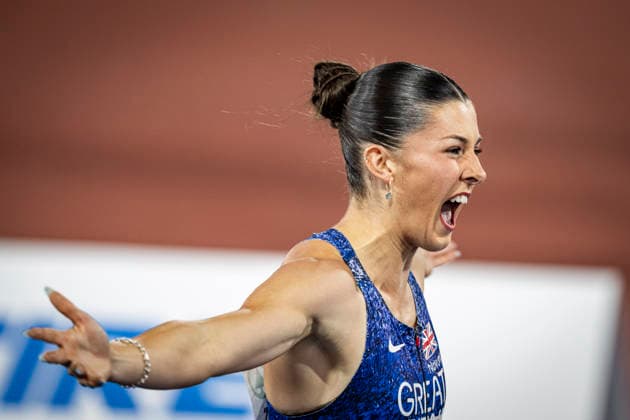 RECORD DATE NOT STATED 13th August 2026; Alexander Stadium, Birmingham, Midlands, England; 2026 European Athletics Championships, Day Four; Amy Hunt (GBR) celebrates winning the womens 200m GodfreyxPitt