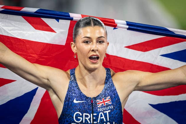 RECORD DATE NOT STATED 13th August 2026; Alexander Stadium, Birmingham, Midlands, England; 2026 European Athletics Championships, Day Four; Amy Hunt (GBR) celebrates winning the womens 200m GodfreyxPitt