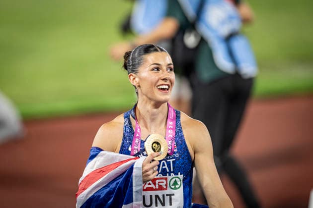 RECORD DATE NOT STATED 13th August 2026; Alexander Stadium, Birmingham, Midlands, England; 2026 European Athletics Championships, Day Four; Amy Hunt (GBR) celebrates winning the womens 200m GodfreyxPitt