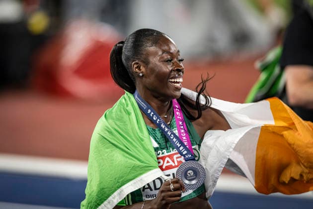 RECORD DATE NOT STATED 13th August 2026; Alexander Stadium, Birmingham, Midlands, England; 2026 European Athletics Championships, Day Four; Rhasidat Adeleke (IRL) celebrates finishing second in the womens 200m GodfreyxPitt