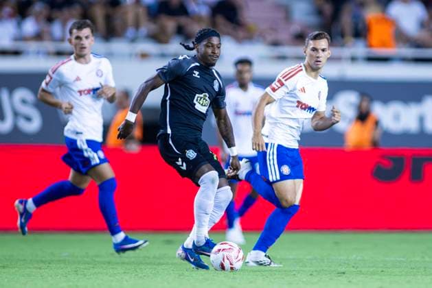 August 13, 2026, Split, Dalmatia, Croatia: Bryan Teixeira (FK Zalgiris) 70 in action with the ball during the second leg of the UEFA Europa Conference League third qualifying round match between HNK Hajduk Split (CRO) and FK Zalgiris (LTU) at Poljud Stadium. On photo Niko Sigur (HNK HAJDUK SPLIT) 8 and Bryan Teixeira (FK Zalgiris) 70. Split Croatia - ZUMAp210 20260813_zsp_p210_001 Copyright: xMajaxPrgometx
