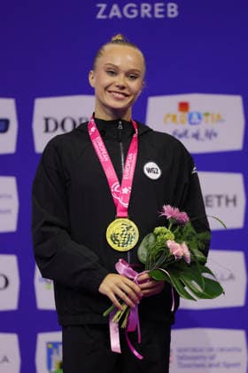 Angelina Melnikova, RUS, after winning qualification at 2026 Europeans in Zagreb; 13 08 2026;