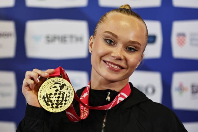 Angelina Melnikova, RUS, after winning qualification at 2026 Europeans in Zagreb; 13 08 2026;