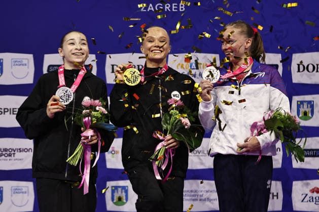 Anna Kalmykova RUS, Angelina Melnikova RUS, Elena Colas FRA - after winning qualification at 2026 Europeans in Zagreb; 13 08 2026;