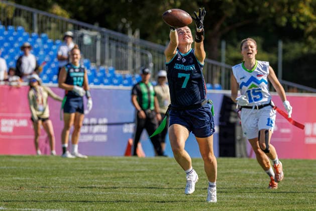 Germany (GER) vs. Slovenia (SLO), Day 2 Women at IFAF Flag Football Championships Düsseldorf 2026, 14.08.2026 Duesseldorf, Germany - Aug. 14, 2026: Kyra Fischer (GER 7) during the match between Germany (GER) vs. Slovenia (SLO) on the second day of the Women IFAF Flag Football World Championships at the Bezirkssportanlage Duesseldorf Garath Copyright: xBEAUTIFULxSPORTS B.Hoffmannx