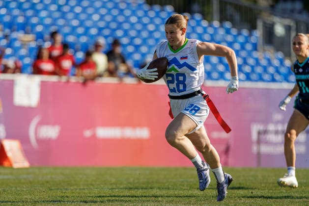 Germany (GER) vs. Slovenia (SLO), Day 2 Women at IFAF Flag Football Championships Düsseldorf 2026, 14.08.2026 Duesseldorf, Germany - Aug. 14, 2026: Tia GovejÅ¡ek (SLO 28) during the match between Germany (GER) vs. Slovenia (SLO) on the second day of the Women IFAF Flag Football World Championships at the Bezirkssportanlage Duesseldorf Garath Copyright: xBEAUTIFULxSPORTS B.Hoffmannx
