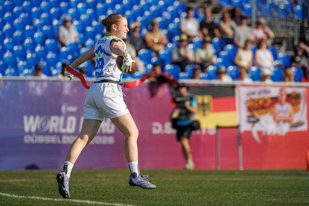 Germany (GER) vs. Slovenia (SLO), Day 2 Women at IFAF Flag Football Championships Düsseldorf 2026, 14.08.2026 Duesseldorf, Germany - Aug. 14, 2026: Tia GovejÅ¡ek (SLO 28) during the match between Germany (GER) vs. Slovenia (SLO) on the second day of the Women IFAF Flag Football World Championships at the Bezirkssportanlage Duesseldorf Garath Copyright: xBEAUTIFULxSPORTS B.Hoffmannx
