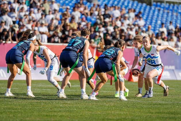 Germany (GER) vs. Slovenia (SLO), Day 2 Women at IFAF Flag Football Championships Düsseldorf 2026, 14.08.2026 Duesseldorf, Germany - Aug. 14, 2026: Offense of Slovenia during the match between Germany (GER) vs. Slovenia (SLO) on the second day of the Women IFAF Flag Football World Championships at the Bezirkssportanlage Duesseldorf Garath Copyright: xBEAUTIFULxSPORTS B.Hoffmannx