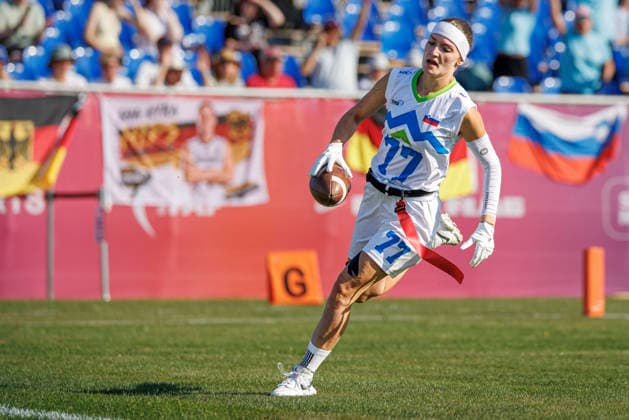 Germany (GER) vs. Slovenia (SLO), Day 2 Women at IFAF Flag Football Championships Düsseldorf 2026, 14.08.2026 Duesseldorf, Germany - Aug. 14, 2026: Kaja Koncilija (SLO 77) during the match between Germany (GER) vs. Slovenia (SLO) on the second day of the Women IFAF Flag Football World Championships at the Bezirkssportanlage Duesseldorf Garath Copyright: xBEAUTIFULxSPORTS B.Hoffmannx
