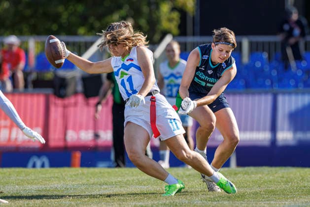 Germany (GER) vs. Slovenia (SLO), Day 2 Women at IFAF Flag Football Championships Düsseldorf 2026, 14.08.2026 Duesseldorf, Germany - Aug. 14, 2026: Dora Jasmin Jung (GER 27) and Nika VreÅ¡ (SLO 11) during the match between Germany (GER) vs. Slovenia (SLO) on the second day of the Women IFAF Flag Football World Championships at the Bezirkssportanlage Duesseldorf Garath Copyright: xBEAUTIFULxSPORTS B.Hoffmannx