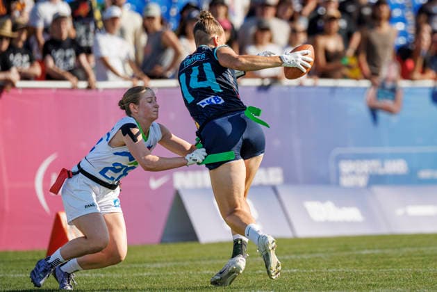 Germany (GER) vs. Slovenia (SLO), Day 2 Women at IFAF Flag Football Championships Düsseldorf 2026, 14.08.2026 Duesseldorf, Germany - Aug. 14, 2026: Carla Charlotte Törner (GER 14) and Tia GovejÅ¡ek (SLO 28)during the match between Germany (GER) vs. Slovenia (SLO) on the second day of the Women IFAF Flag Football World Championships at the Bezirkssportanlage Duesseldorf Garath Copyright: xBEAUTIFULxSPORTS B.Hoffmannx