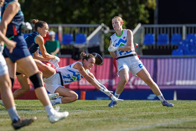 Germany (GER) vs. Slovenia (SLO), Day 2 Women at IFAF Flag Football Championships Düsseldorf 2026, 14.08.2026 Duesseldorf, Germany - Aug. 14, 2026: Hannah Charlotte Bahn (GER 11), Kaja Koncilija (SLO 77) and Tia GovejÅ¡ek (SLO 28) during the match between Germany (GER) vs. Slovenia (SLO) on the second day of the Women IFAF Flag Football World Championships at the Bezirkssportanlage Duesseldorf Garath Copyright: xBEAUTIFULxSPORTS B.Hoffmannx