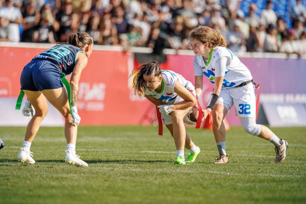 Germany (GER) vs. Slovenia (SLO), Day 2 Women at IFAF Flag Football Championships Düsseldorf 2026, 14.08.2026 Duesseldorf, Germany - Aug. 14, 2026: Nika VreÅ¡ (SLO 11) and Karin Lah (SLO 32) during the match between Germany (GER) vs. Slovenia (SLO) on the second day of the Women IFAF Flag Football World Championships at the Bezirkssportanlage Duesseldorf Garath Copyright: xBEAUTIFULxSPORTS B.Hoffmannx