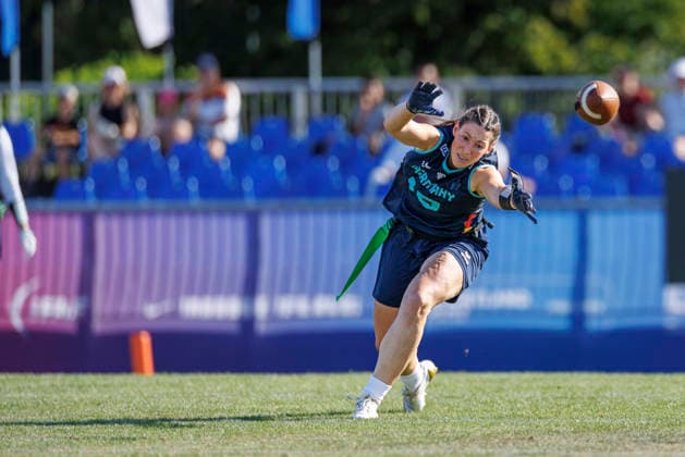 Germany (GER) vs. Slovenia (SLO), Day 2 Women at IFAF Flag Football Championships Düsseldorf 2026, 14.08.2026 Duesseldorf, Germany - Aug. 14, 2026: Nora Cermak (GER 18) during the match between Germany (GER) vs. Slovenia (SLO) on the second day of the Women IFAF Flag Football World Championships at the Bezirkssportanlage Duesseldorf Garath Copyright: xBEAUTIFULxSPORTS B.Hoffmannx