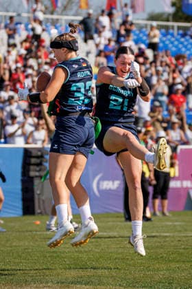 Germany (GER) vs. Slovenia (SLO), Day 2 Women at IFAF Flag Football Championships Düsseldorf 2026, 14.08.2026 Duesseldorf, Germany - Aug. 14, 2026: Ellen Marie Riess (GER 21) and Lina Kristin Adrian (GER 33) during the match between Germany (GER) vs. Slovenia (SLO) on the second day of the Women IFAF Flag Football World Championships at the Bezirkssportanlage Duesseldorf Garath Copyright: xBEAUTIFULxSPORTS B.Hoffmannx