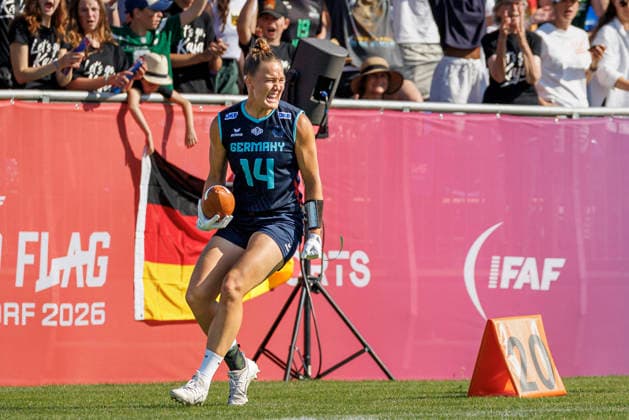 Germany (GER) vs. Slovenia (SLO), Day 2 Women at IFAF Flag Football Championships Düsseldorf 2026, 14.08.2026 Duesseldorf, Germany - Aug. 14, 2026: Carla Charlotte Törner (GER 14) during the match between Germany (GER) vs. Slovenia (SLO) on the second day of the Women IFAF Flag Football World Championships at the Bezirkssportanlage Duesseldorf Garath Copyright: xBEAUTIFULxSPORTS B.Hoffmannx
