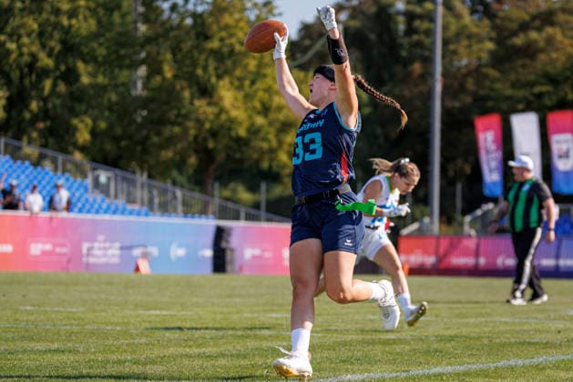 Germany (GER) vs. Slovenia (SLO), Day 2 Women at IFAF Flag Football Championships Düsseldorf 2026, 14.08.2026 Duesseldorf, Germany - Aug. 14, 2026: Lina Kristin Adrian (GER 33) during the match between Germany (GER) vs. Slovenia (SLO) on the second day of the Women IFAF Flag Football World Championships at the Bezirkssportanlage Duesseldorf Garath Copyright: xBEAUTIFULxSPORTS B.Hoffmannx