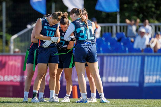 Germany (GER) vs. Slovenia (SLO), Day 2 Women at IFAF Flag Football Championships Düsseldorf 2026, 14.08.2026 Duesseldorf, Germany - Aug. 14, 2026: german offence during the match between Germany (GER) vs. Slovenia (SLO) on the second day of the Women IFAF Flag Football World Championships at the Bezirkssportanlage Duesseldorf Garath Copyright: xBEAUTIFULxSPORTS B.Hoffmannx