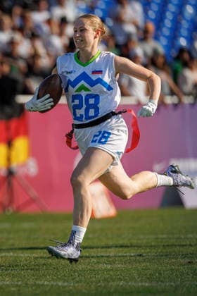 Germany (GER) vs. Slovenia (SLO), Day 2 Women at IFAF Flag Football Championships Düsseldorf 2026, 14.08.2026 Duesseldorf, Germany - Aug. 14, 2026: Tia GovejÅ¡ek (SLO 28) during the match between Germany (GER) vs. Slovenia (SLO) on the second day of the Women IFAF Flag Football World Championships at the Bezirkssportanlage Duesseldorf Garath Copyright: xBEAUTIFULxSPORTS B.Hoffmannx