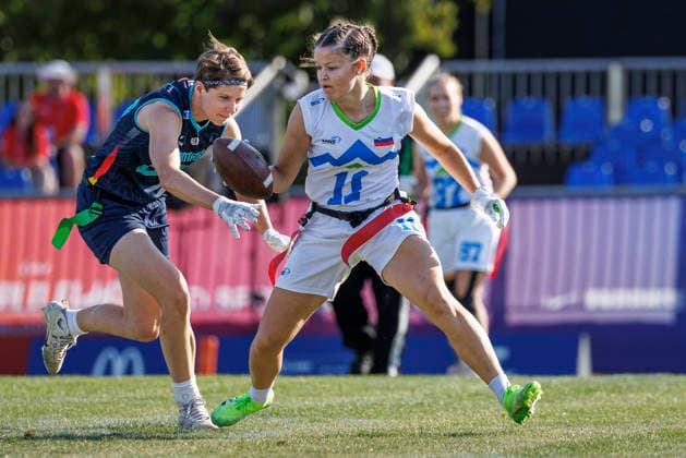 Germany (GER) vs. Slovenia (SLO), Day 2 Women at IFAF Flag Football Championships Düsseldorf 2026, 14.08.2026 Duesseldorf, Germany - Aug. 14, 2026: Dora Jasmin Jung (GER 27) and Nika VreÅ¡ (SLO 11) during the match between Germany (GER) vs. Slovenia (SLO) on the second day of the Women IFAF Flag Football World Championships at the Bezirkssportanlage Duesseldorf Garath Copyright: xBEAUTIFULxSPORTS B.Hoffmannx