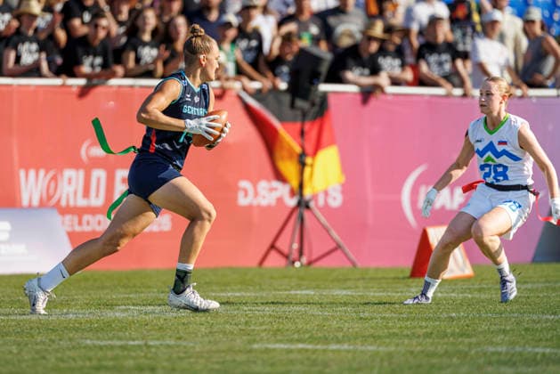 Germany (GER) vs. Slovenia (SLO), Day 2 Women at IFAF Flag Football Championships Düsseldorf 2026, 14.08.2026 Duesseldorf, Germany - Aug. 14, 2026: Carla Charlotte Törner (GER 14) during the match between Germany (GER) vs. Slovenia (SLO) on the second day of the Women IFAF Flag Football World Championships at the Bezirkssportanlage Duesseldorf Garath Copyright: xBEAUTIFULxSPORTS B.Hoffmannx