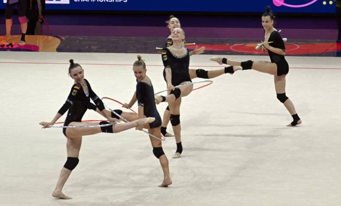 14.08.2026, xhbx, Rhythmische Sportgymnastik Weltmeisterschaft 2026, v.l. Podiumstraining Deutschland (DFL DFB REGULATIONS PROHIBIT ANY USE OF PHOTOGRAPHS as IMAGE SEQUENCES and or QUASI-VIDEO) Frankfurt am Main
