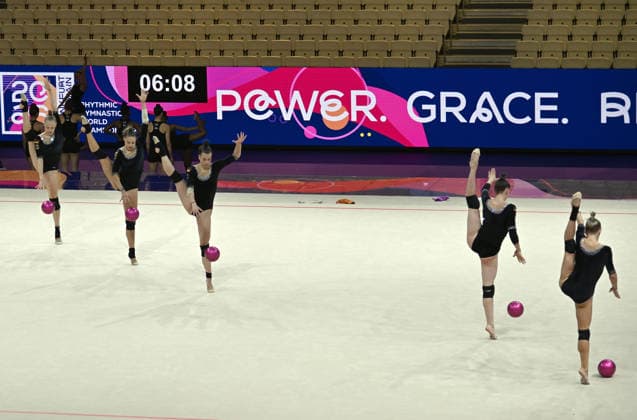 14.08.2026, xhbx, Rhythmische Sportgymnastik Weltmeisterschaft 2026, v.l. Podiumstraining Deutschland Gruppe (DFL DFB REGULATIONS PROHIBIT ANY USE OF PHOTOGRAPHS as IMAGE SEQUENCES and or QUASI-VIDEO) Frankfurt am Main
