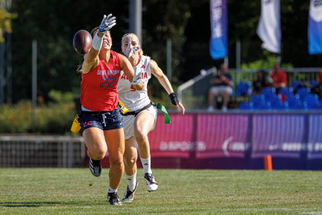 Great Britain (GBR) vs. Austria (AUT), Day 2 Women at IFAF Flag Football Championships Düsseldorf 2026, 14.08.2026 Duesseldorf, Germany - Aug. 14, 2026: Hannah Paige Elliott (GBR 22) during the match between Great Britain (GBR) vs. Austria (AUT) on the second day of the Women IFAF Flag Football World Championships at the Bezirkssportanlage Duesseldorf Garath Copyright: xBEAUTIFULxSPORTS B.Hoffmannx