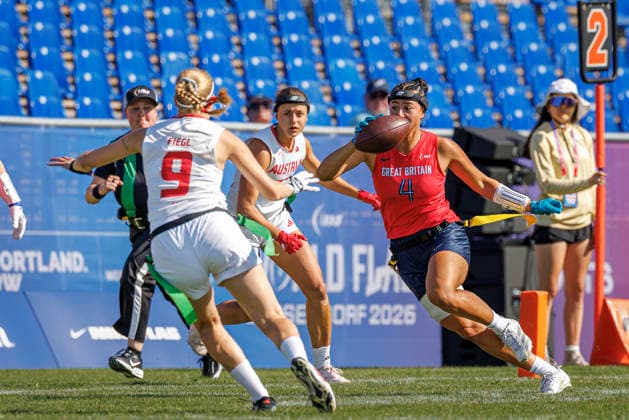 Great Britain (GBR) vs. Austria (AUT), Day 2 Women at IFAF Flag Football Championships Düsseldorf 2026, 14.08.2026 Duesseldorf, Germany - Aug. 14, 2026: Angelica Tait (GBR 4) during the match between Great Britain (GBR) vs. Austria (AUT) on the second day of the Women IFAF Flag Football World Championships at the Bezirkssportanlage Duesseldorf Garath Copyright: xBEAUTIFULxSPORTS B.Hoffmannx