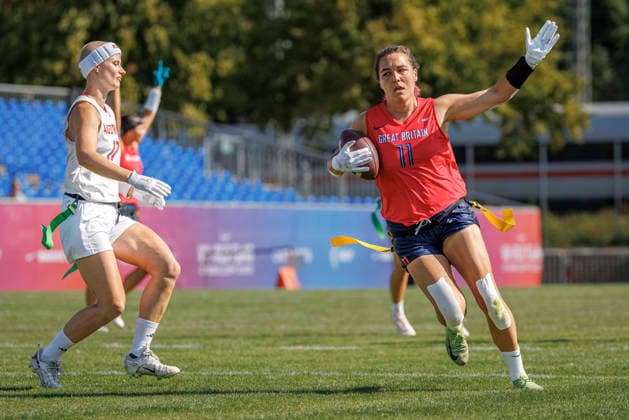 Great Britain (GBR) vs. Austria (AUT), Day 2 Women at IFAF Flag Football Championships Düsseldorf 2026, 14.08.2026 Duesseldorf, Germany - Aug. 14, 2026: Marta Bakowska-Mathews (GBR 11) during the match between Great Britain (GBR) vs. Austria (AUT) on the second day of the Women IFAF Flag Football World Championships at the Bezirkssportanlage Duesseldorf Garath Copyright: xBEAUTIFULxSPORTS B.Hoffmannx