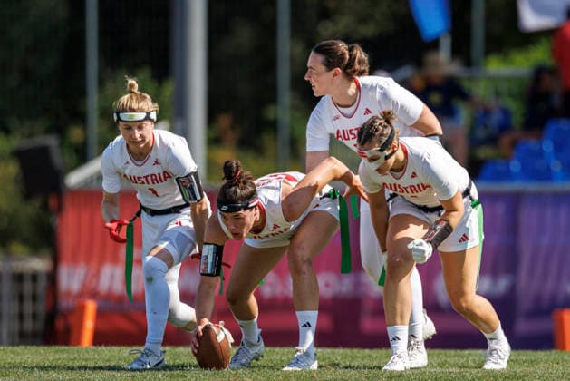 Great Britain (GBR) vs. Austria (AUT), Day 2 Women at IFAF Flag Football Championships Düsseldorf 2026, 14.08.2026 Duesseldorf, Germany - Aug. 14, 2026: Franziska Tabitha Sottner (AUT 1), Katrin Mansbart (AUT 65), Saskia Stribrny (AUT 10) and Magdalena Helm (AUT 4) during the match between Great Britain (GBR) vs. Austria (AUT) on the second day of the Women IFAF Flag Football World Championships at the Bezirkssportanlage Duesseldorf Garath Copyright: xBEAUTIFULxSPORTS B.Hoffmannx