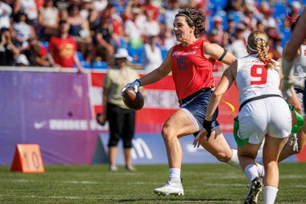 Great Britain (GBR) vs. Austria (AUT), Day 2 Women at IFAF Flag Football Championships Düsseldorf 2026, 14.08.2026 Duesseldorf, Germany - Aug. 14, 2026: Emily Anne Kemp (GBR 15) during the match between Great Britain (GBR) vs. Austria (AUT) on the second day of the Women IFAF Flag Football World Championships at the Bezirkssportanlage Duesseldorf Garath Copyright: xBEAUTIFULxSPORTS B.Hoffmannx