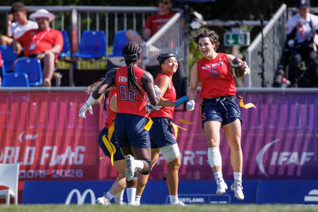 Great Britain (GBR) vs. Austria (AUT), Day 2 Women at IFAF Flag Football Championships Düsseldorf 2026, 14.08.2026 Duesseldorf, Germany - Aug. 14, 2026: Emily Anne Kemp (GBR 15) during the match between Great Britain (GBR) vs. Austria (AUT) on the second day of the Women IFAF Flag Football World Championships at the Bezirkssportanlage Duesseldorf Garath Copyright: xBEAUTIFULxSPORTS B.Hoffmannx