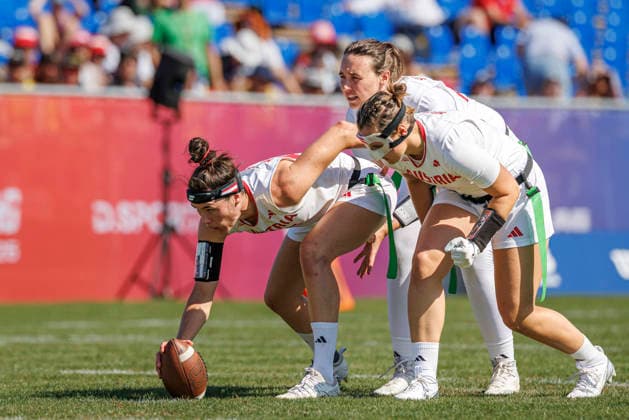 Great Britain (GBR) vs. Austria (AUT), Day 2 Women at IFAF Flag Football Championships Düsseldorf 2026, 14.08.2026 Duesseldorf, Germany - Aug. 14, 2026: Katrin Mansbart (AUT 65), Saskia Stribrny (AUT 10) and Magdalena Helm (AUT 4) during the match between Great Britain (GBR) vs. Austria (AUT) on the second day of the Women IFAF Flag Football World Championships at the Bezirkssportanlage Duesseldorf Garath Copyright: xBEAUTIFULxSPORTS B.Hoffmannx