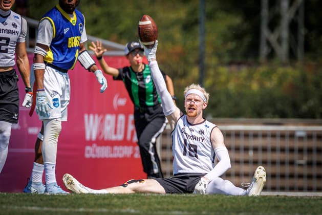Germany (GER) vs. Brazil (BRA), Day 2 Men at IFAF Flag Football Championships Düsseldorf 2026, 14.08.2026 Duesseldorf, Germany - Aug. 14, 2026: Nora Cermak (GER 18) during the match between Germany (GER) vs. Brazil (BRA) on the second day of the Men IFAF Flag Football World Championships at the Bezirkssportanlage Duesseldorf Garath Copyright: xBEAUTIFULxSPORTS B.Hoffmannx