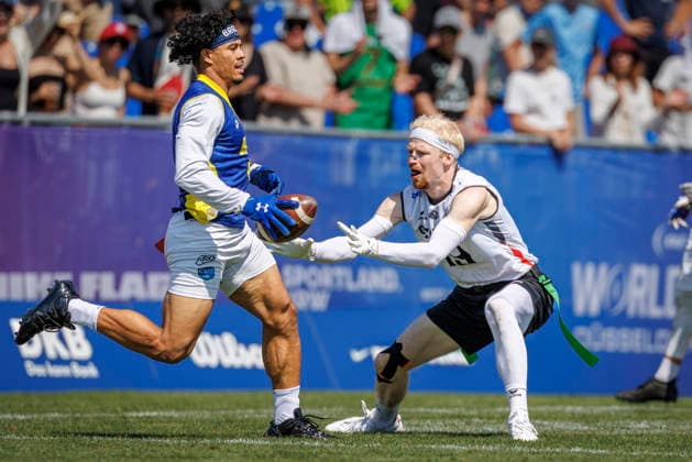 Germany (GER) vs. Brazil (BRA), Day 2 Men at IFAF Flag Football Championships Düsseldorf 2026, 14.08.2026 Duesseldorf, Germany - Aug. 14, 2026: Adner Sanches Ladeira (BRA 2) and Luca Samuel Bultmann (GER 19) during the match between Germany (GER) vs. Brazil (BRA) on the second day of the Men IFAF Flag Football World Championships at the Bezirkssportanlage Duesseldorf Garath Copyright: xBEAUTIFULxSPORTS B.Hoffmannx