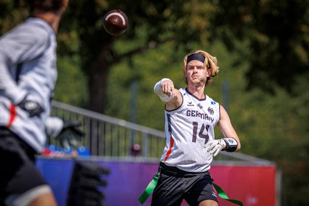 Germany (GER) vs. Brazil (BRA), Day 2 Men at IFAF Flag Football Championships Düsseldorf 2026, 14.08.2026 Duesseldorf, Germany - Aug. 14, 2026: Philipp Marco Klein (GER 14) during the match between Germany (GER) vs. Brazil (BRA) on the second day of the Men IFAF Flag Football World Championships at the Bezirkssportanlage Duesseldorf Garath Copyright: xBEAUTIFULxSPORTS B.Hoffmannx