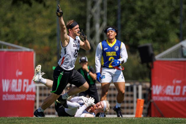 Germany (GER) vs. Brazil (BRA), Day 2 Men at IFAF Flag Football Championships Düsseldorf 2026, 14.08.2026 Duesseldorf, Germany - Aug. 14, 2026: Moritz Apfel (GER 12) and Luca Samuel Bultmann (GER 19) during the match between Germany (GER) vs. Brazil (BRA) on the second day of the Men IFAF Flag Football World Championships at the Bezirkssportanlage Duesseldorf Garath Copyright: xBEAUTIFULxSPORTS B.Hoffmannx