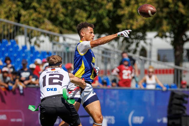 Germany (GER) vs. Brazil (BRA), Day 2 Men at IFAF Flag Football Championships Düsseldorf 2026, 14.08.2026 Duesseldorf, Germany - Aug. 14, 2026: Renato Esdras Santana Munford de Oliveira (BRA 0) during the match between Germany (GER) vs. Brazil (BRA) on the second day of the Men IFAF Flag Football World Championships at the Bezirkssportanlage Duesseldorf Garath Copyright: xBEAUTIFULxSPORTS B.Hoffmannx