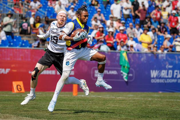 Germany (GER) vs. Brazil (BRA), Day 2 Men at IFAF Flag Football Championships Düsseldorf 2026, 14.08.2026 Duesseldorf, Germany - Aug. 14, 2026: Wallace Rodrigues Placido (BRA 1) during the match between Germany (GER) vs. Brazil (BRA) on the second day of the Men IFAF Flag Football World Championships at the Bezirkssportanlage Duesseldorf Garath Copyright: xBEAUTIFULxSPORTS B.Hoffmannx