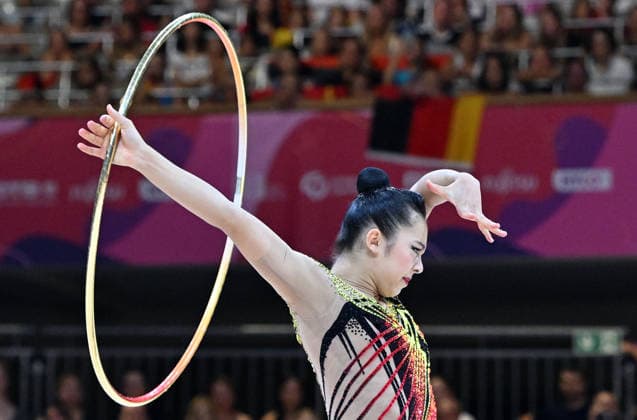 14.08.2026, xhbx, Rhythmische Sportgymnastik Weltmeisterschaft 2026, v.l. Rin Keys (USA) Reifen (DFL DFB REGULATIONS PROHIBIT ANY USE OF PHOTOGRAPHS as IMAGE SEQUENCES and or QUASI-VIDEO) Frankfurt am Main