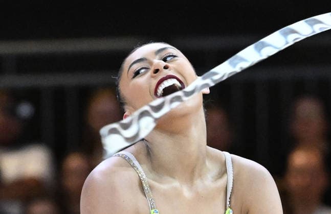 14.08.2026, xhbx, Rhythmische Sportgymnastik Weltmeisterschaft 2026, v.l. Barbara Domingos (Brasilien) Band (DFL DFB REGULATIONS PROHIBIT ANY USE OF PHOTOGRAPHS as IMAGE SEQUENCES and or QUASI-VIDEO) Frankfurt am Main