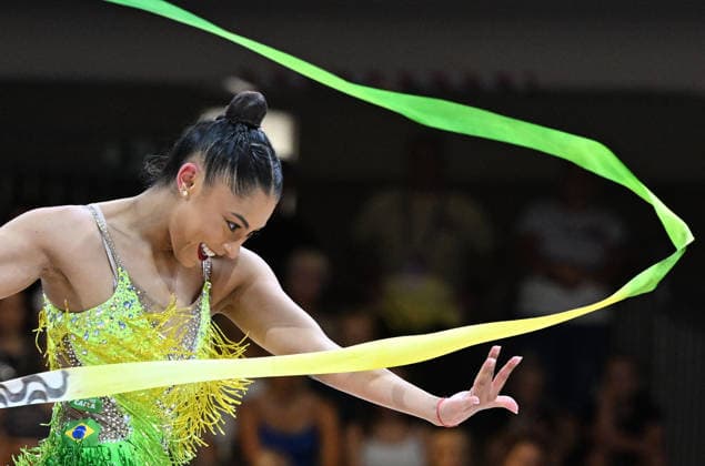 14.08.2026, xhbx, Rhythmische Sportgymnastik Weltmeisterschaft 2026, v.l. Barbara Domingos (Brasilien) Band (DFL DFB REGULATIONS PROHIBIT ANY USE OF PHOTOGRAPHS as IMAGE SEQUENCES and or QUASI-VIDEO) Frankfurt am Main