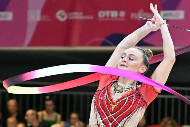 14.08.2026, xhbx, Rhythmische Sportgymnastik Weltmeisterschaft 2026, v.l. Tara Dragas (Italien) Band (DFL DFB REGULATIONS PROHIBIT ANY USE OF PHOTOGRAPHS as IMAGE SEQUENCES and or QUASI-VIDEO) Frankfurt am Main