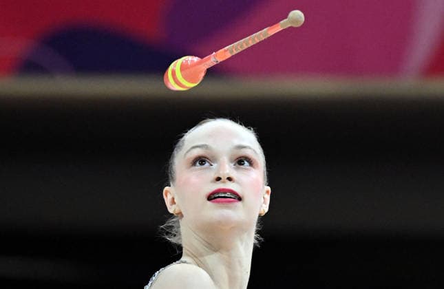 14.08.2026, xhbx, Rhythmische Sportgymnastik Weltmeisterschaft 2026, v.l. Meital Maayan (Israel) Keulen (DFL DFB REGULATIONS PROHIBIT ANY USE OF PHOTOGRAPHS as IMAGE SEQUENCES and or QUASI-VIDEO) Frankfurt am Main
