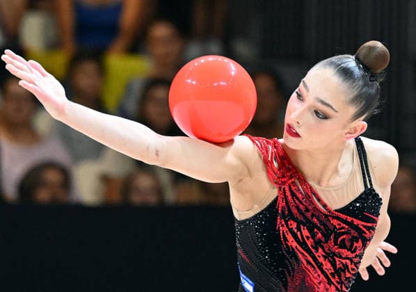 14.08.2026, xhbx, Rhythmische Sportgymnastik Weltmeisterschaft 2026, v.l. Daniela Munits (Israel) Ball (DFL DFB REGULATIONS PROHIBIT ANY USE OF PHOTOGRAPHS as IMAGE SEQUENCES and or QUASI-VIDEO) Frankfurt am Main
