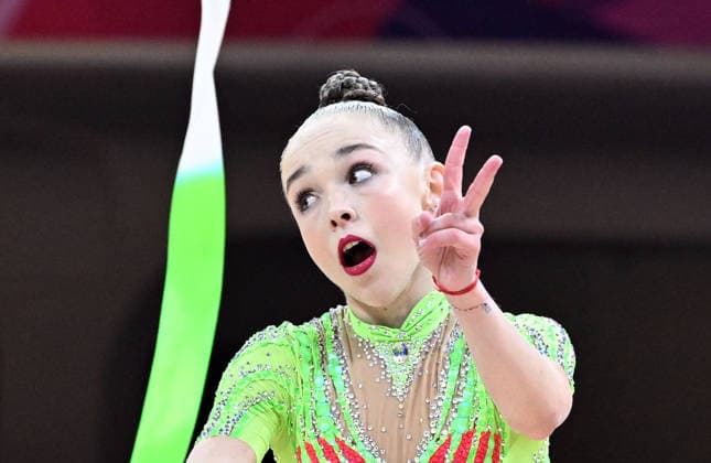 14.08.2026, xhbx, Rhythmische Sportgymnastik Weltmeisterschaft 2026, v.l. Stiliana Nikolova (Bulgarien) Band (DFL DFB REGULATIONS PROHIBIT ANY USE OF PHOTOGRAPHS as IMAGE SEQUENCES and or QUASI-VIDEO) Frankfurt am Main